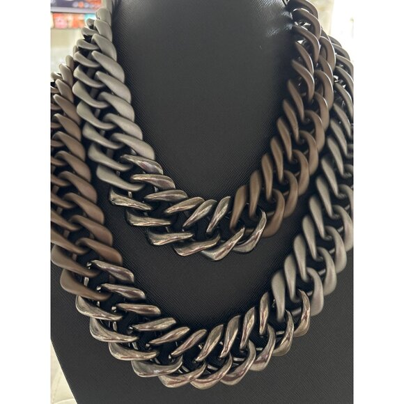Lafayette Italy Chunky Multilayer Chain Necklace Metallic Silver & Brown Tones - Picture 4 of 15